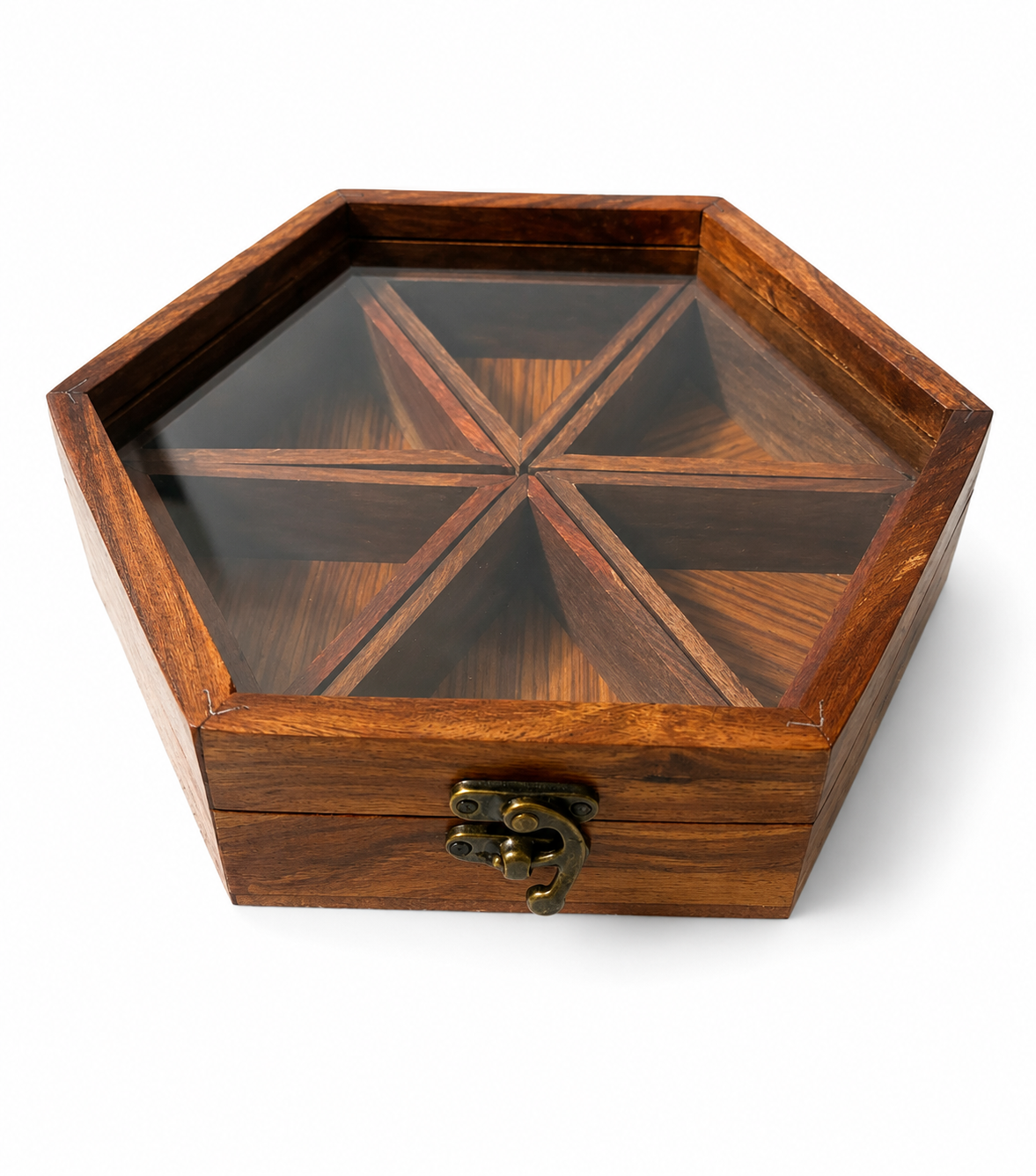 Spice box with hinged glass lid open showing six compartments